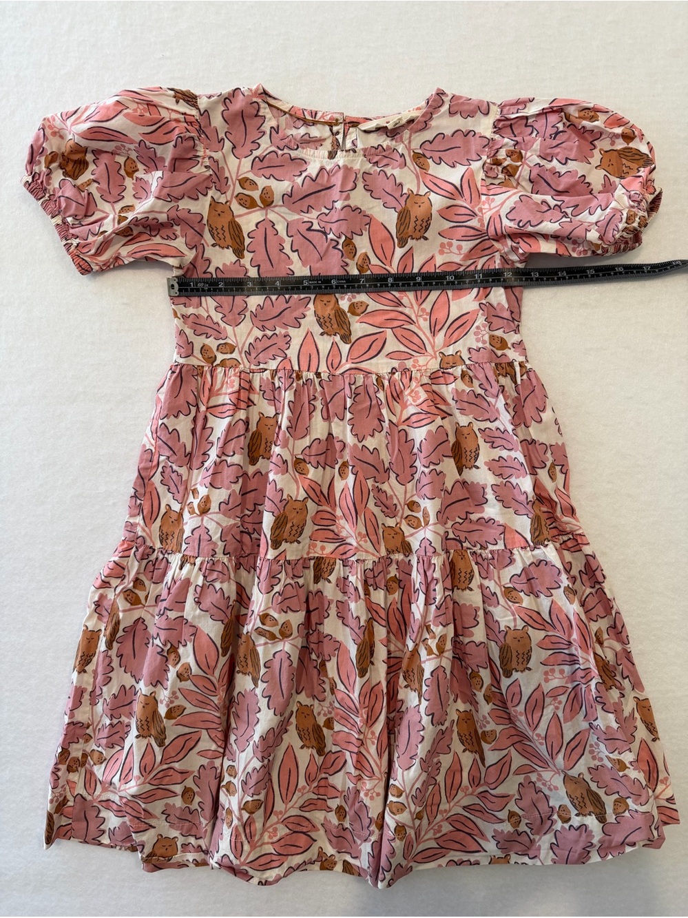 Boden Girls 6-7Y Pink Floral Owl Puff Sleeve Fit & Flare Round Neck Dress